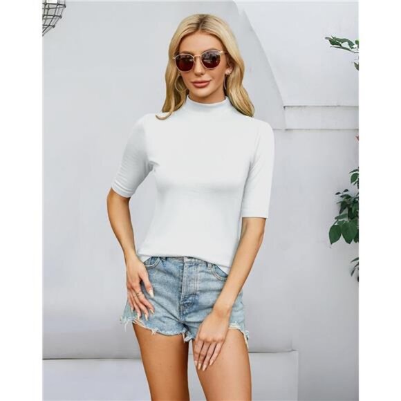 Women Tops Half Sleeve Mock Turtleneck Tee Shirts Slim Fit Basic Shirt Blouses - Picture 3 of 7